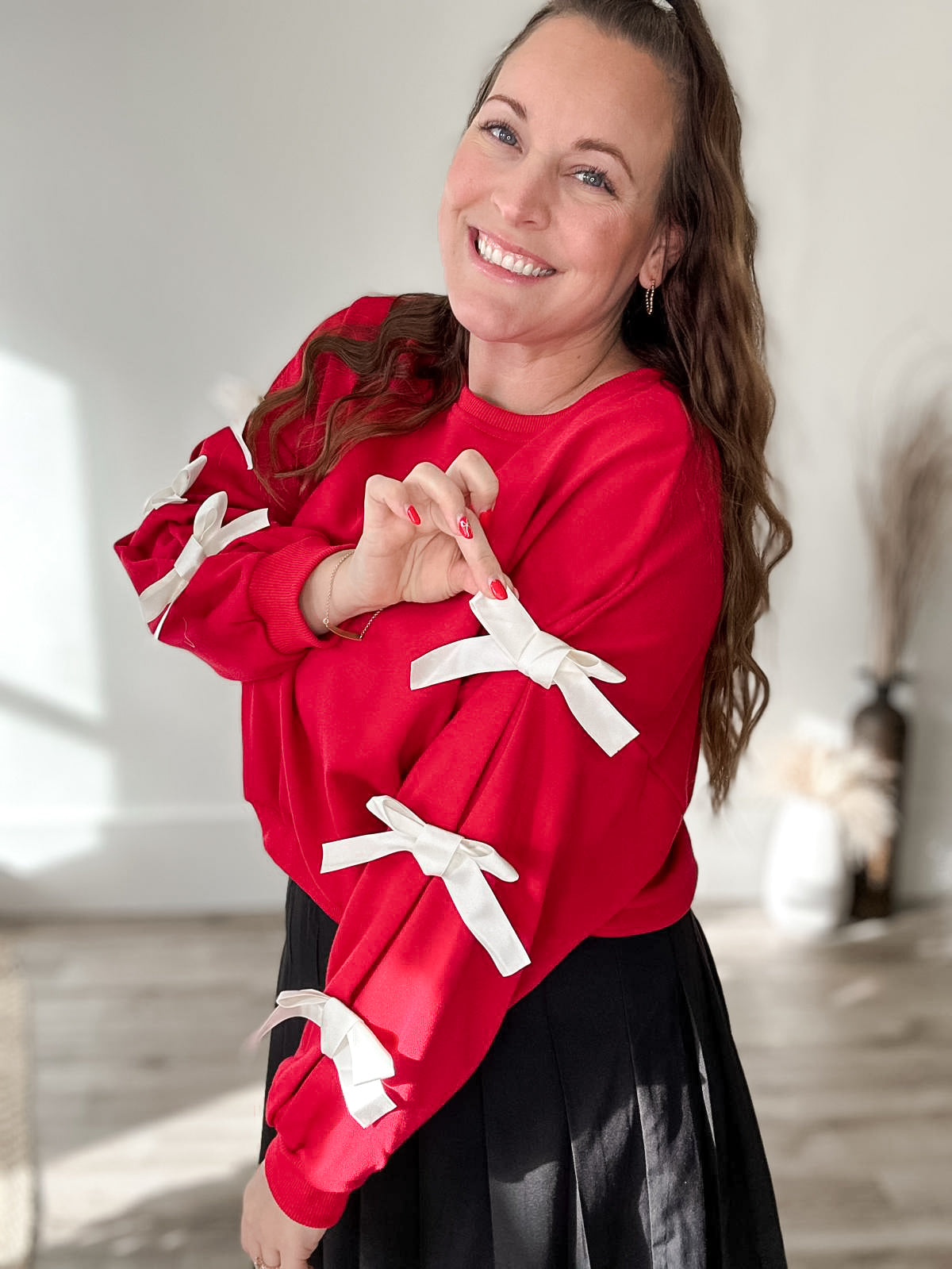 Ribbon Bow Sweatshirt - Red-sweater- Hometown Style HTS, women's in store and online boutique located in Ingersoll, Ontario