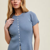 Ribbed Button-Up Knit Sweater - Blue-Sweater- Hometown Style HTS, women's in store and online boutique located in Ingersoll, Ontario