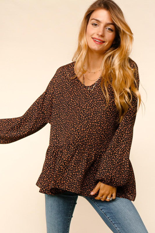 Leopard Peplum Blouse - Black-blouse- Hometown Style HTS, women's in store and online boutique located in Ingersoll, Ontario