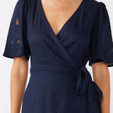 Embroidered Wrap Midi Dress - Navy-dress- Hometown Style HTS, women's in store and online boutique located in Ingersoll, Ontario