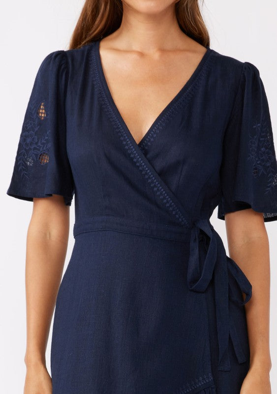 Embroidered Wrap Midi Dress - Navy-dress- Hometown Style HTS, women's in store and online boutique located in Ingersoll, Ontario