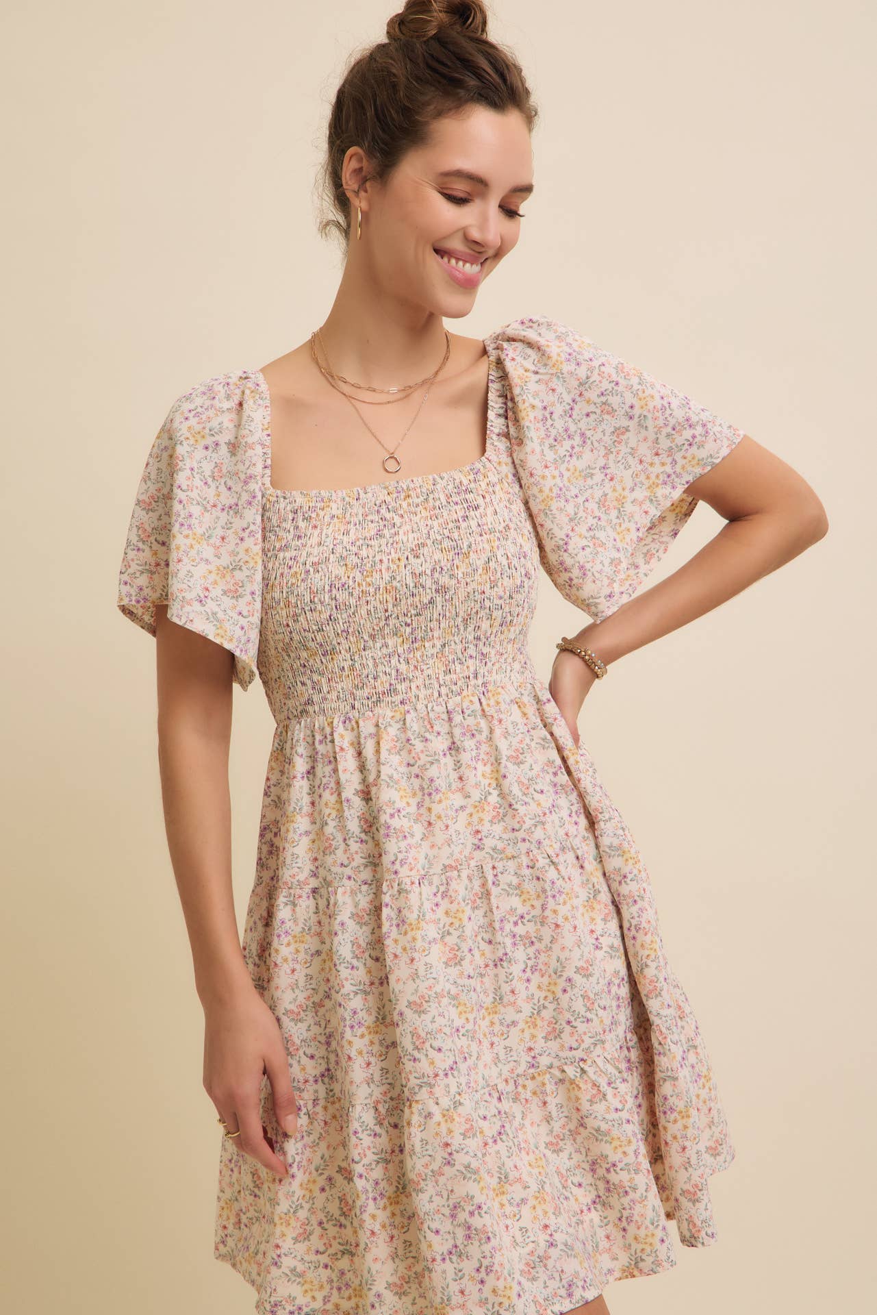 Floral Smocked Dress - Cream-dress- Hometown Style HTS, women's in store and online boutique located in Ingersoll, Ontario