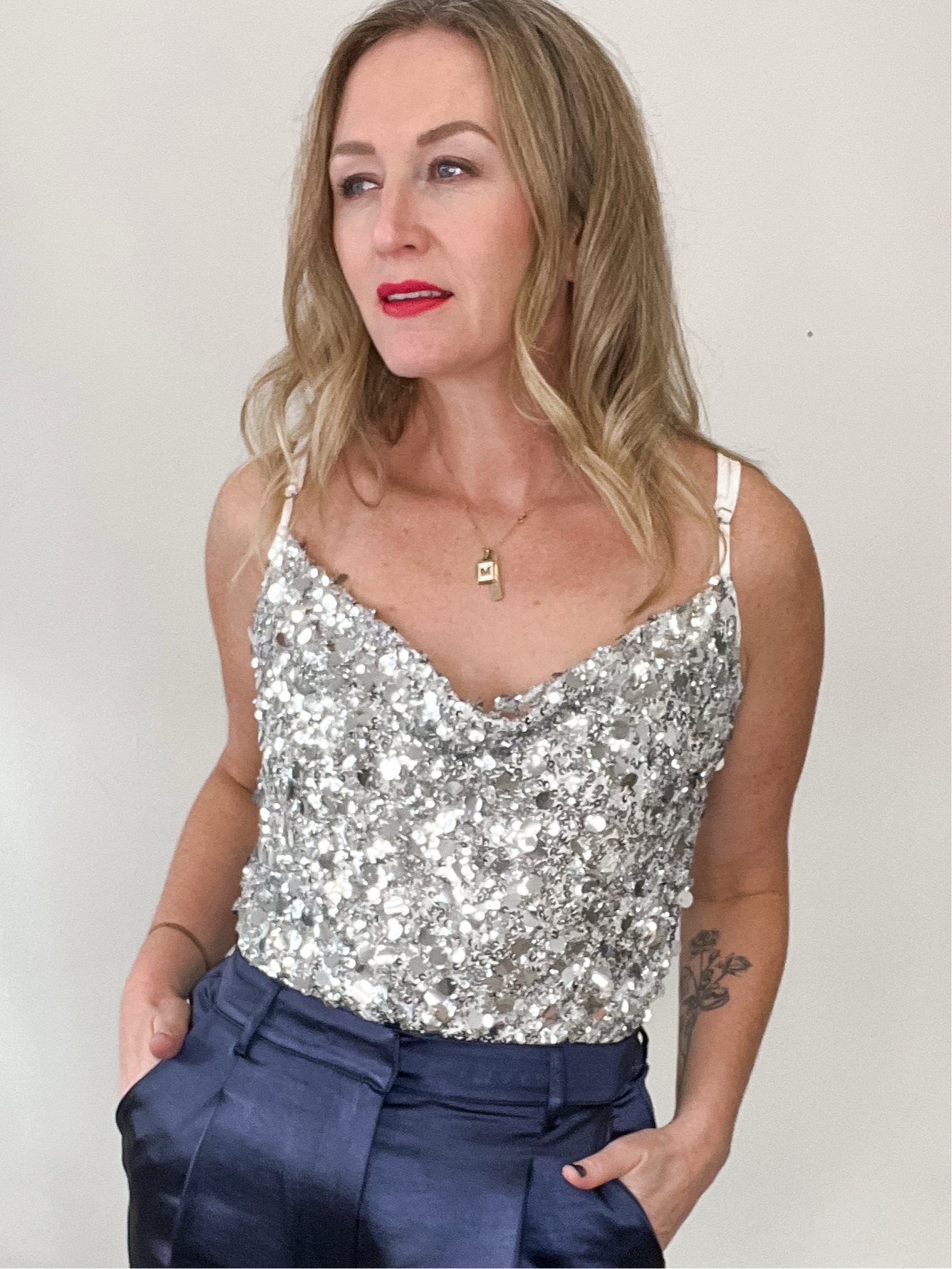 Sequin Cowl Cami Top - Silver-Tops- Hometown Style HTS, women's in store and online boutique located in Ingersoll, Ontario