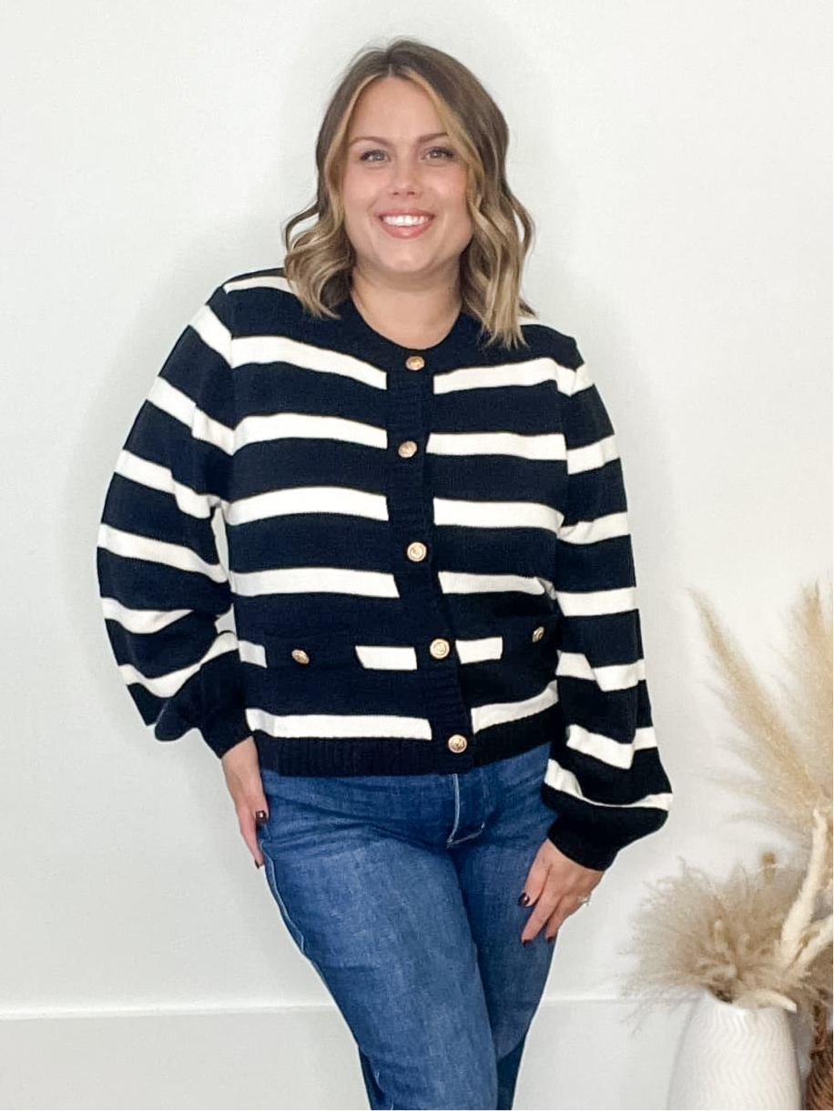 Striped Cardigan - Black-Sweater- Hometown Style HTS, women's in store and online boutique located in Ingersoll, Ontario