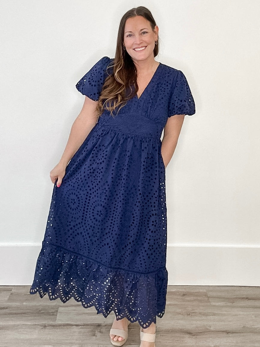 Eyelet Lace Smocked Back Midi Dress-dress- Hometown Style HTS, women's in store and online boutique located in Ingersoll, Ontario