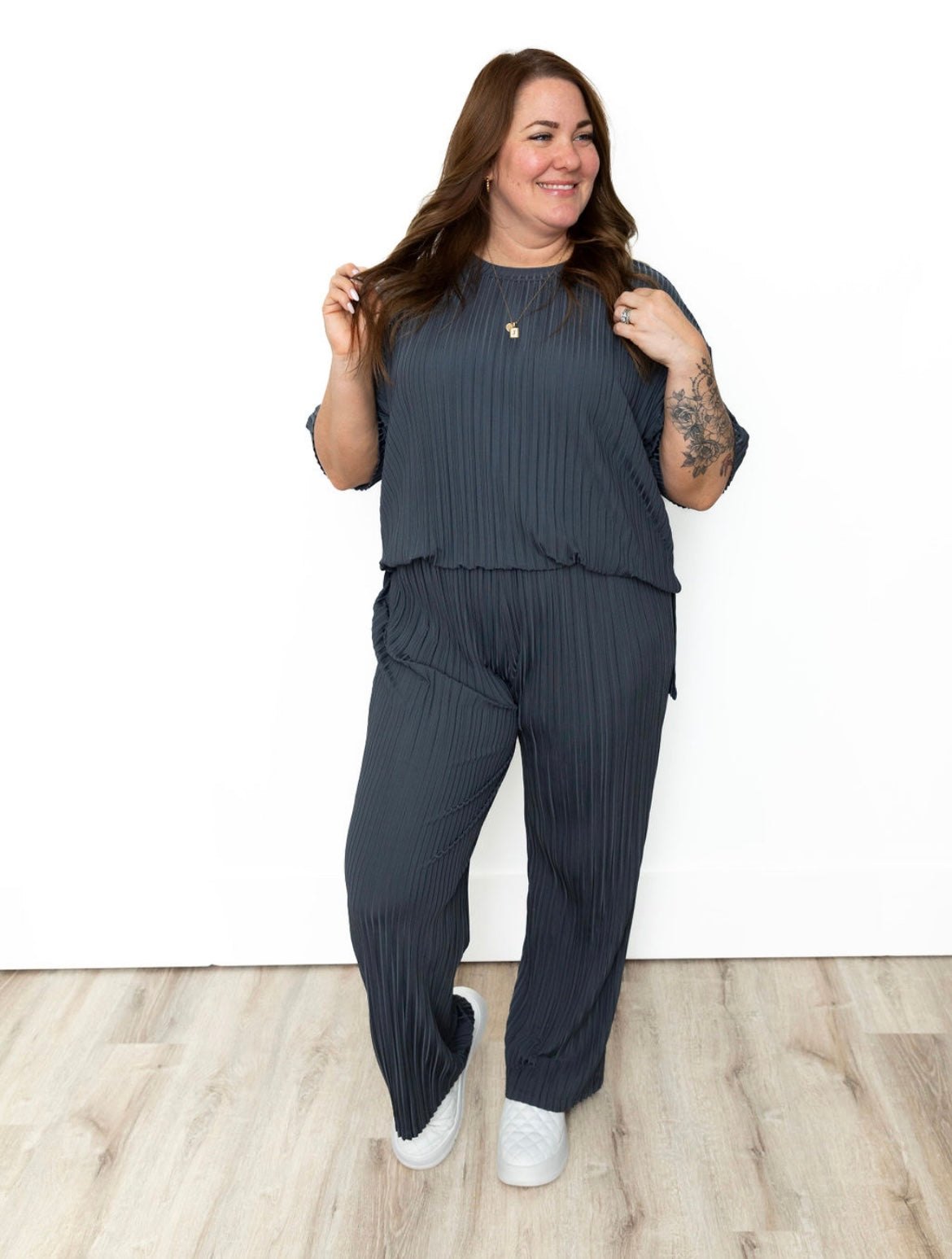 Pleated Tee & Pants - Charcoal-set- Hometown Style HTS, women's in store and online boutique located in Ingersoll, Ontario