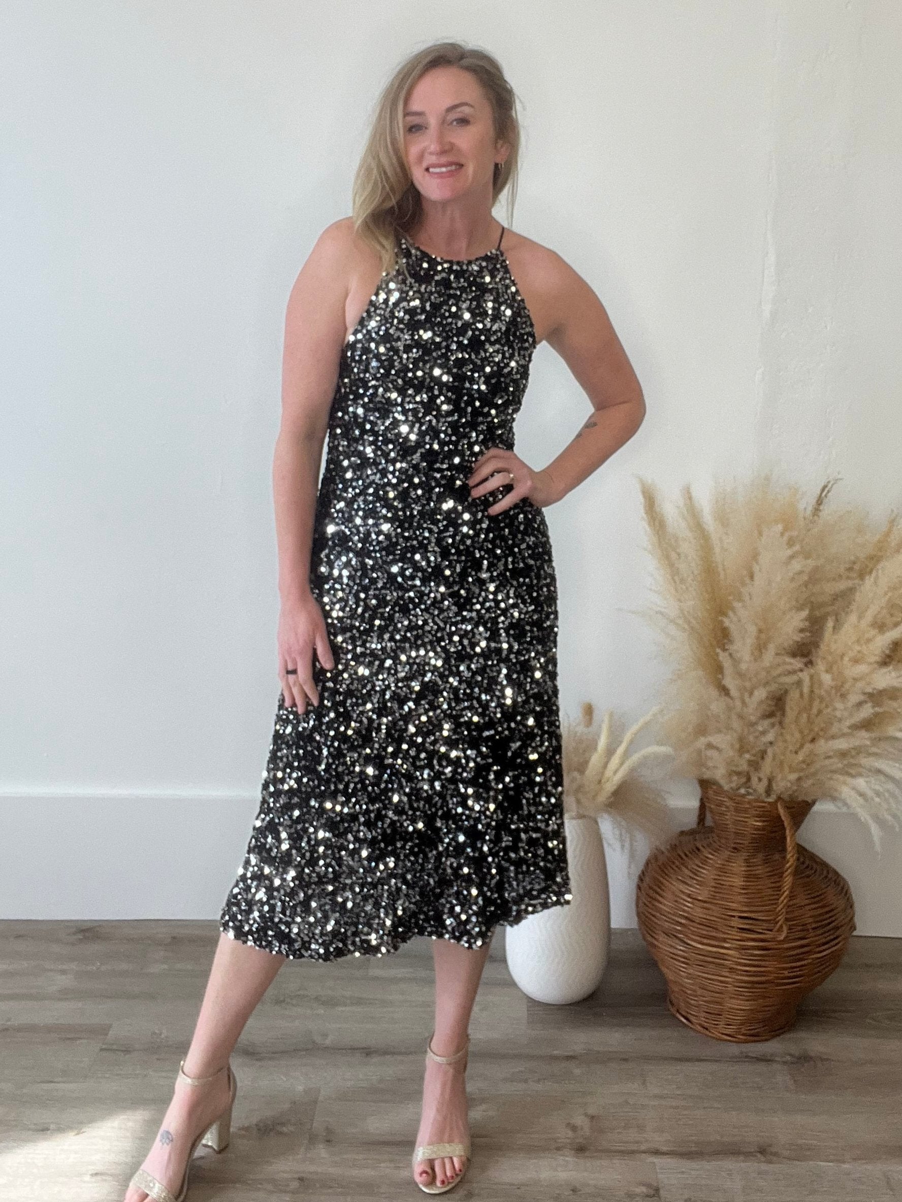 Sequin Halter Dress - Black-dress- Hometown Style HTS, women's in store and online boutique located in Ingersoll, Ontario