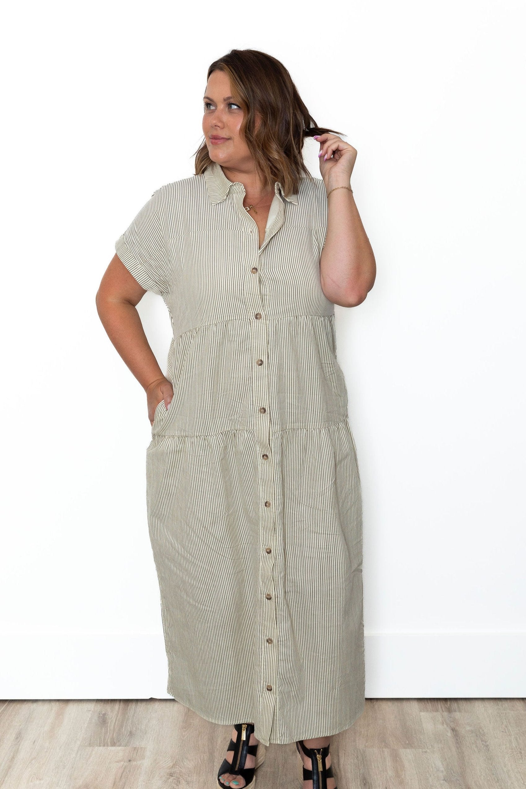 Stripe Corduroy Midi Dress - Cream-dress- Hometown Style HTS, women's in store and online boutique located in Ingersoll, Ontario