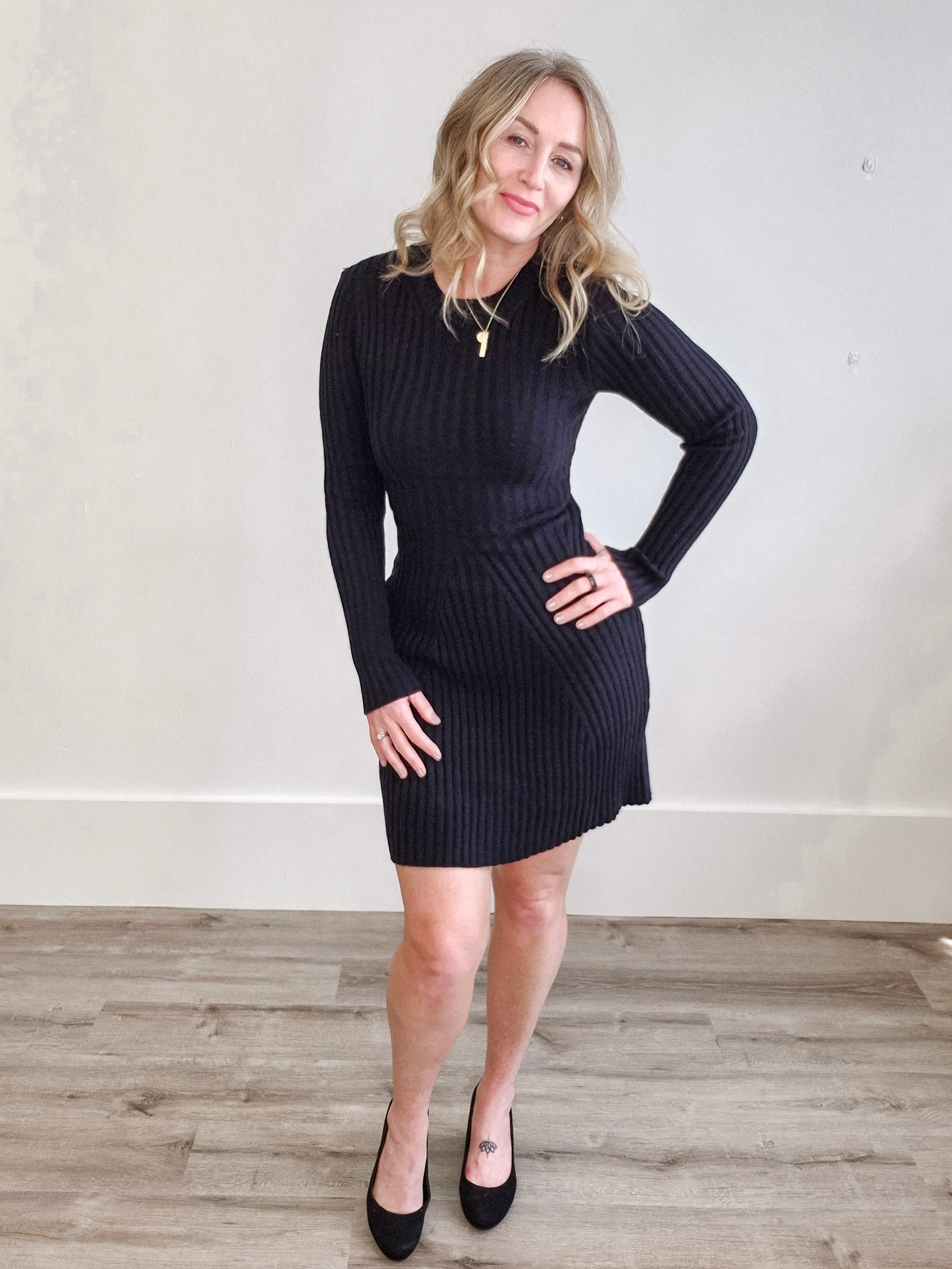 Long Sleeve Knitted Dress - Black-Casual Dresses- Hometown Style HTS, women's in store and online boutique located in Ingersoll, Ontario