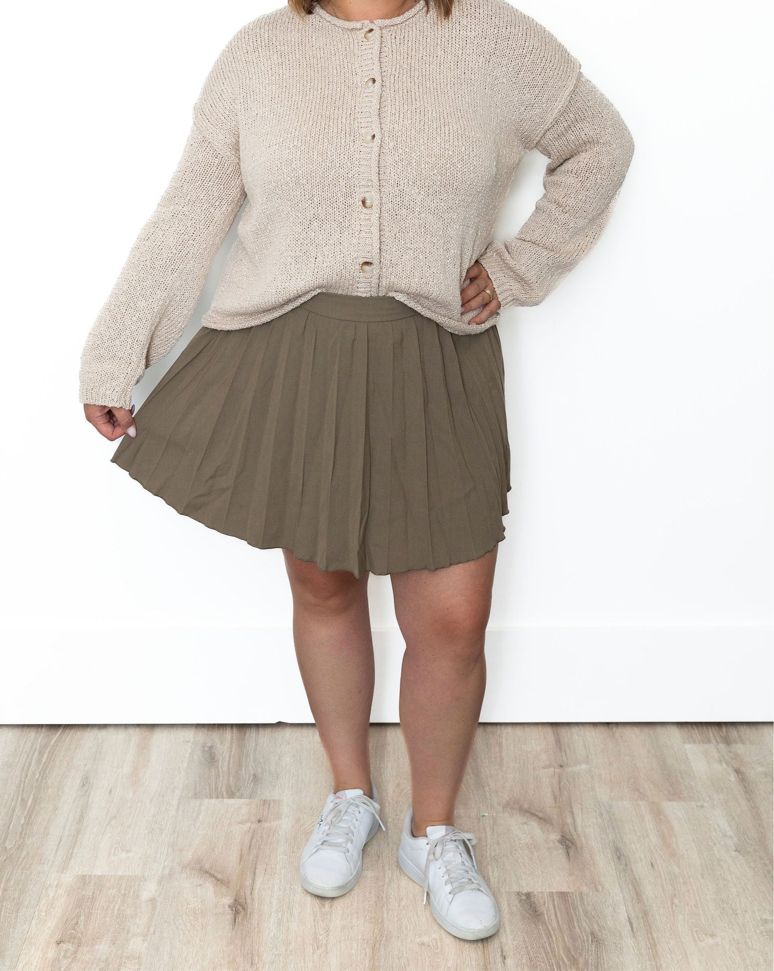 Pleated Mini Skirt - Khaki-skirt- Hometown Style HTS, women's in store and online boutique located in Ingersoll, Ontario