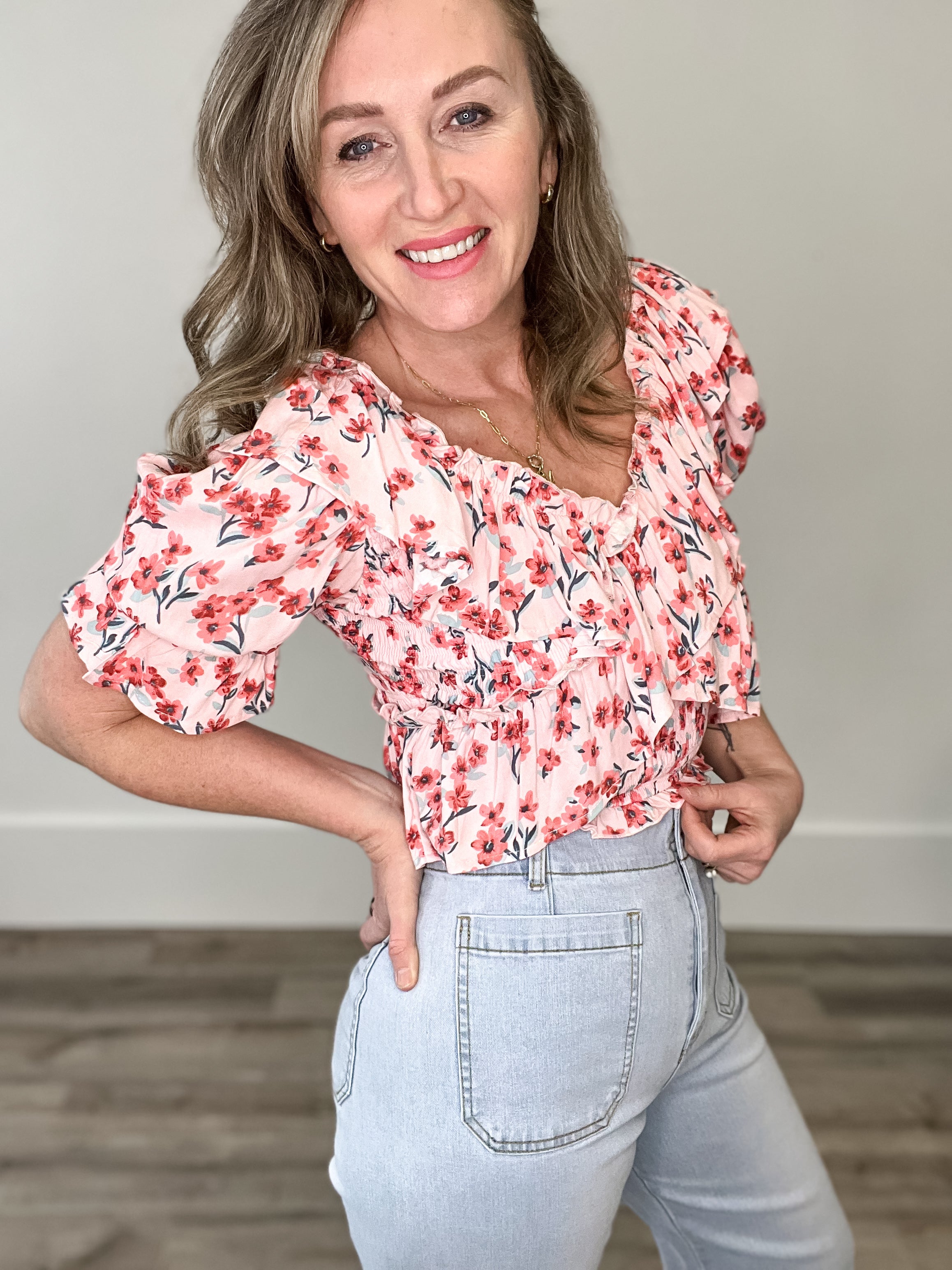 Flower FLoral Ruffled V-Neck Blouse-Tops- Hometown Style HTS, women's in store and online boutique located in Ingersoll, Ontario