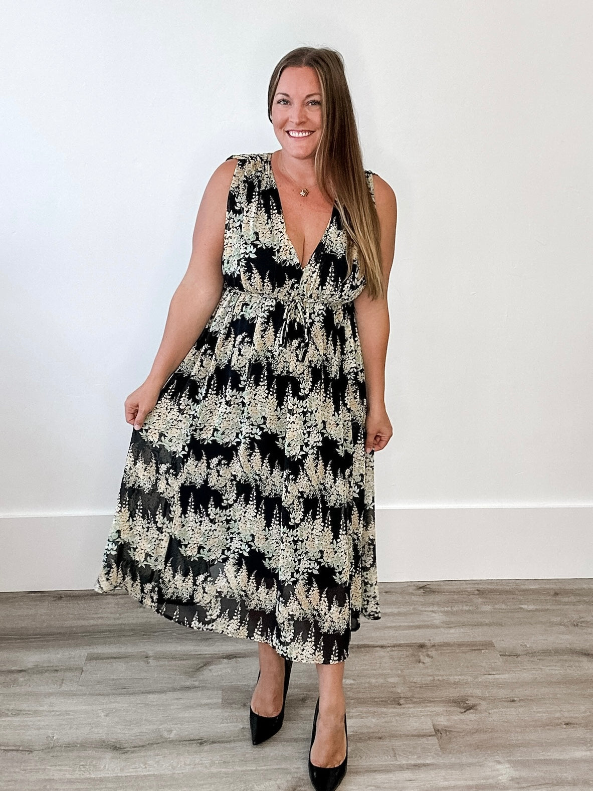 Floral Sleeveless Midi Dress - Black & Yellow-Special Occasion Dress- Hometown Style HTS, women's in store and online boutique located in Ingersoll, Ontario