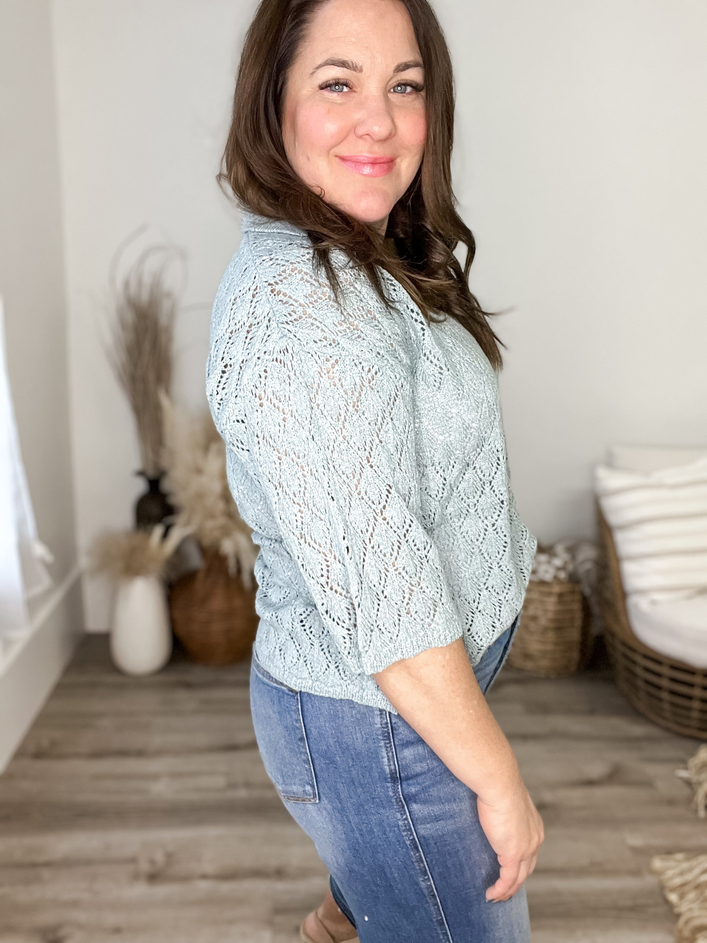 Pointelle Knit Top - Blue-Sweater- Hometown Style HTS, women's in store and online boutique located in Ingersoll, Ontario