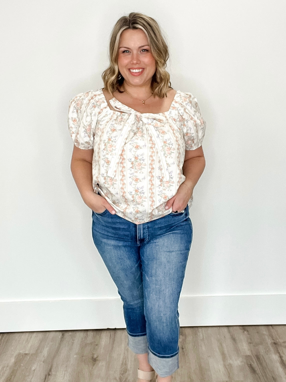 Floral Puff Sleeve Blouse - Peach-tops- Hometown Style HTS, women's in store and online boutique located in Ingersoll, Ontario