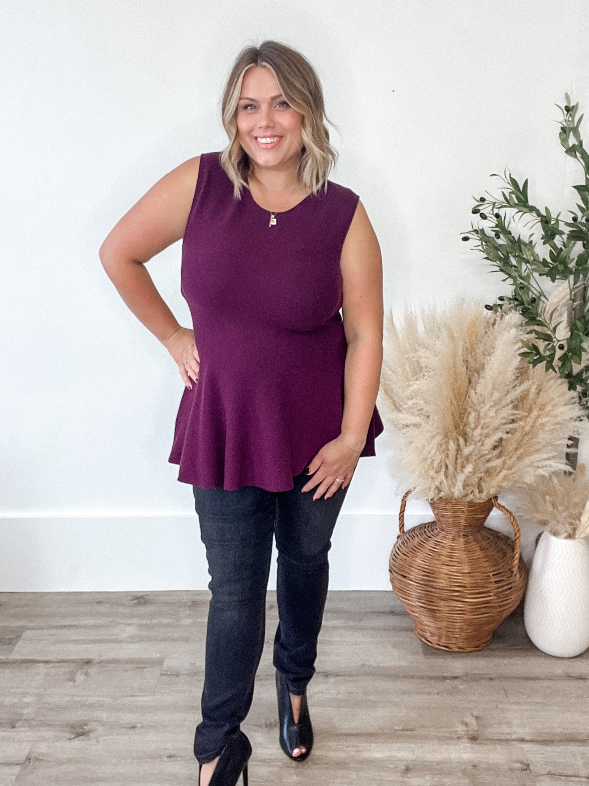 Sleeveless Peplum Sweater Top - Purple-tops- Hometown Style HTS, women's in store and online boutique located in Ingersoll, Ontario