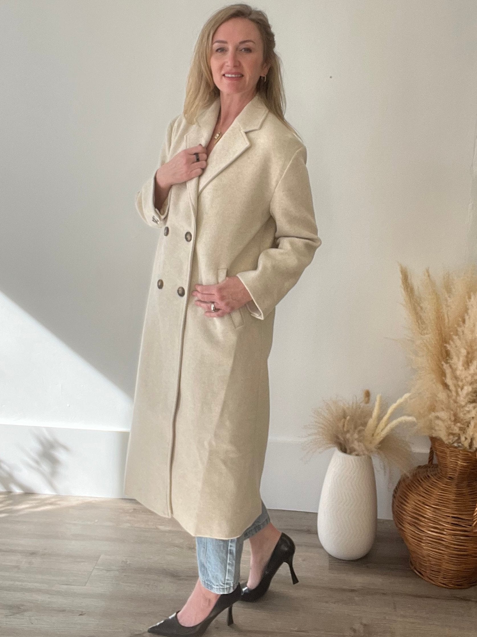 Double Breasted Lapel Duster Coat - Almond-Coats & Jackets- Hometown Style HTS, women's in store and online boutique located in Ingersoll, Ontario