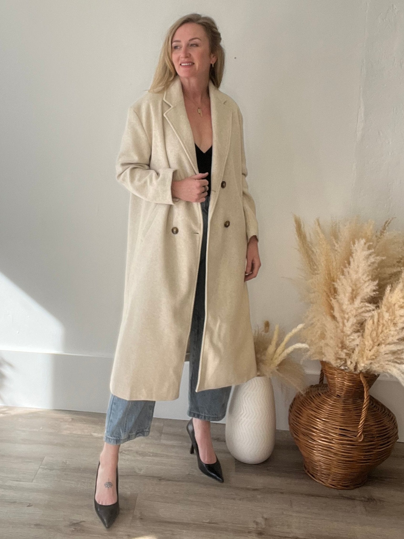 Double Breasted Lapel Duster Coat - Almond-Coats & Jackets- Hometown Style HTS, women's in store and online boutique located in Ingersoll, Ontario