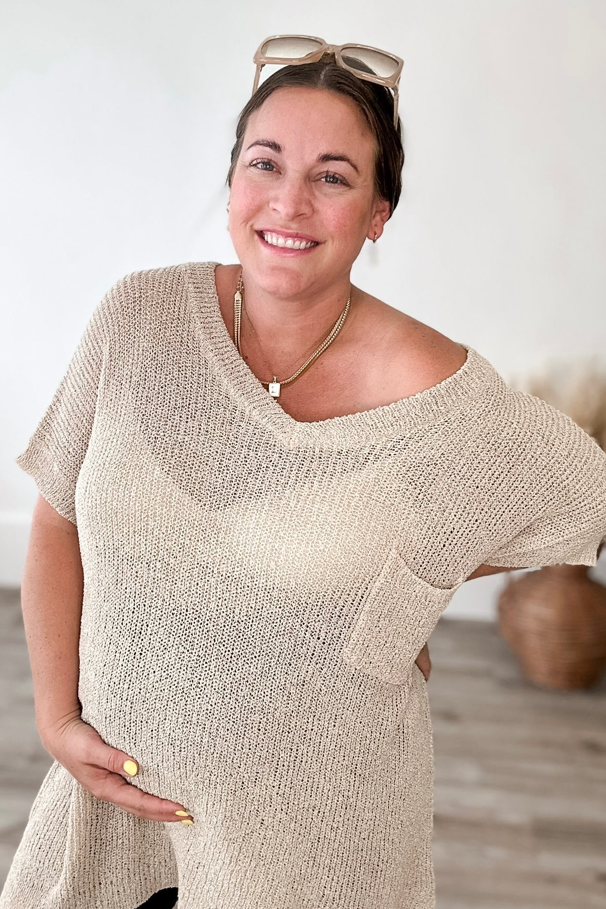 Light Knit, Short Sleeve Top - Oatmeal - EX-Sweater- Hometown Style HTS, women's in store and online boutique located in Ingersoll, Ontario