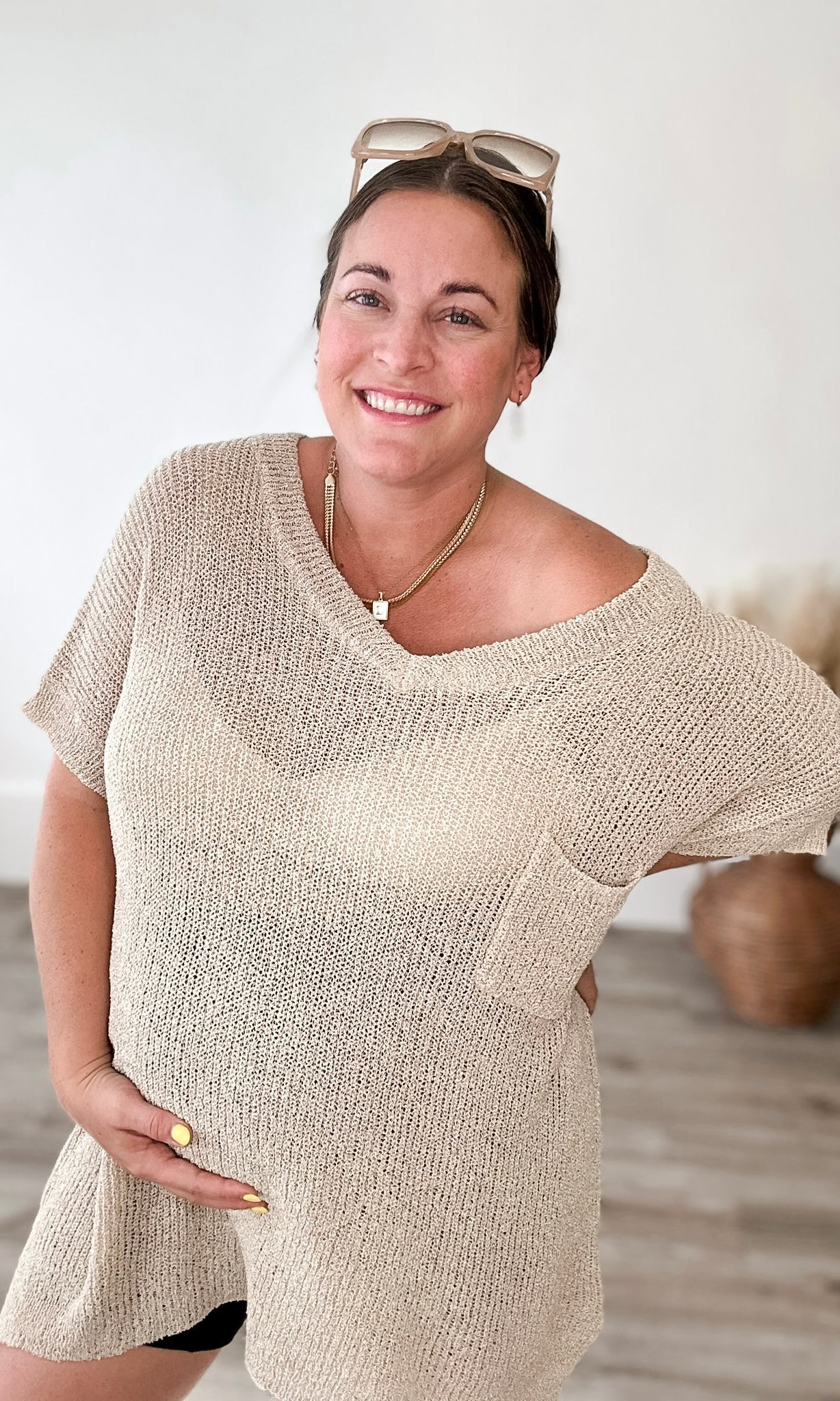 Light Knit, Short Sleeve Top - Oatmeal - EX-Sweater- Hometown Style HTS, women's in store and online boutique located in Ingersoll, Ontario