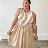 Striped Mini Sweater Tank Dress - Taupe/White-dress- Hometown Style HTS, women's in store and online boutique located in Ingersoll, Ontario