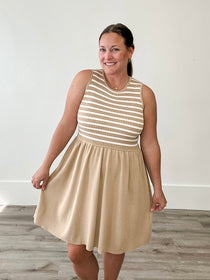 Striped Mini Sweater Tank Dress - Taupe/White-dress- Hometown Style HTS, women's in store and online boutique located in Ingersoll, Ontario