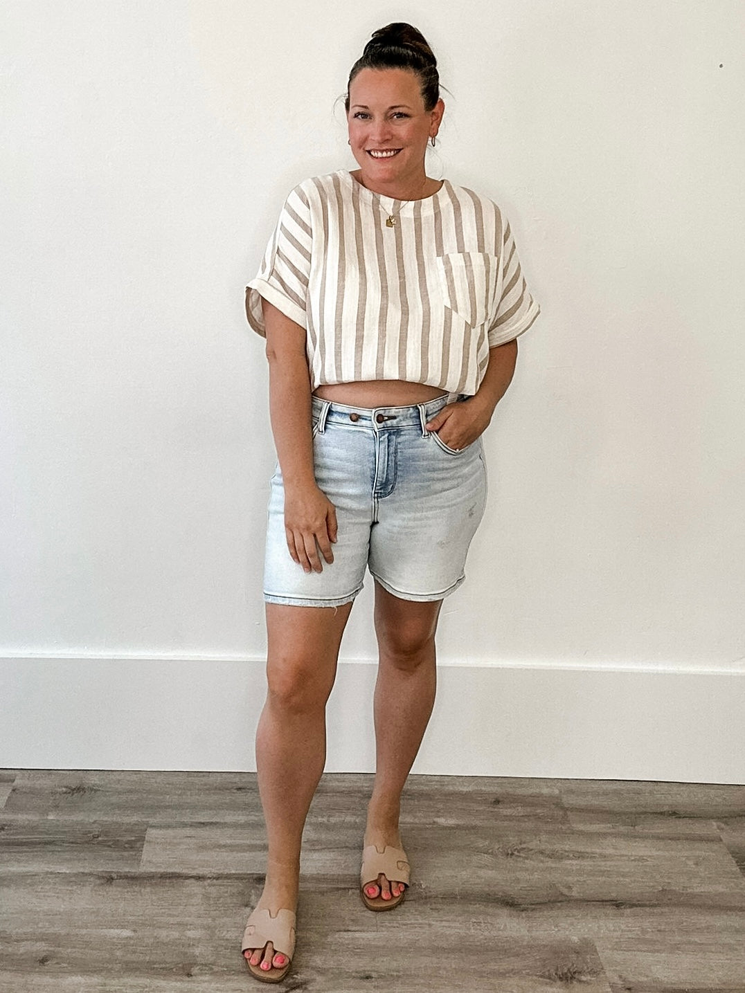 Striped Short Sleeve - Sand-Tops- Hometown Style HTS, women's in store and online boutique located in Ingersoll, Ontario