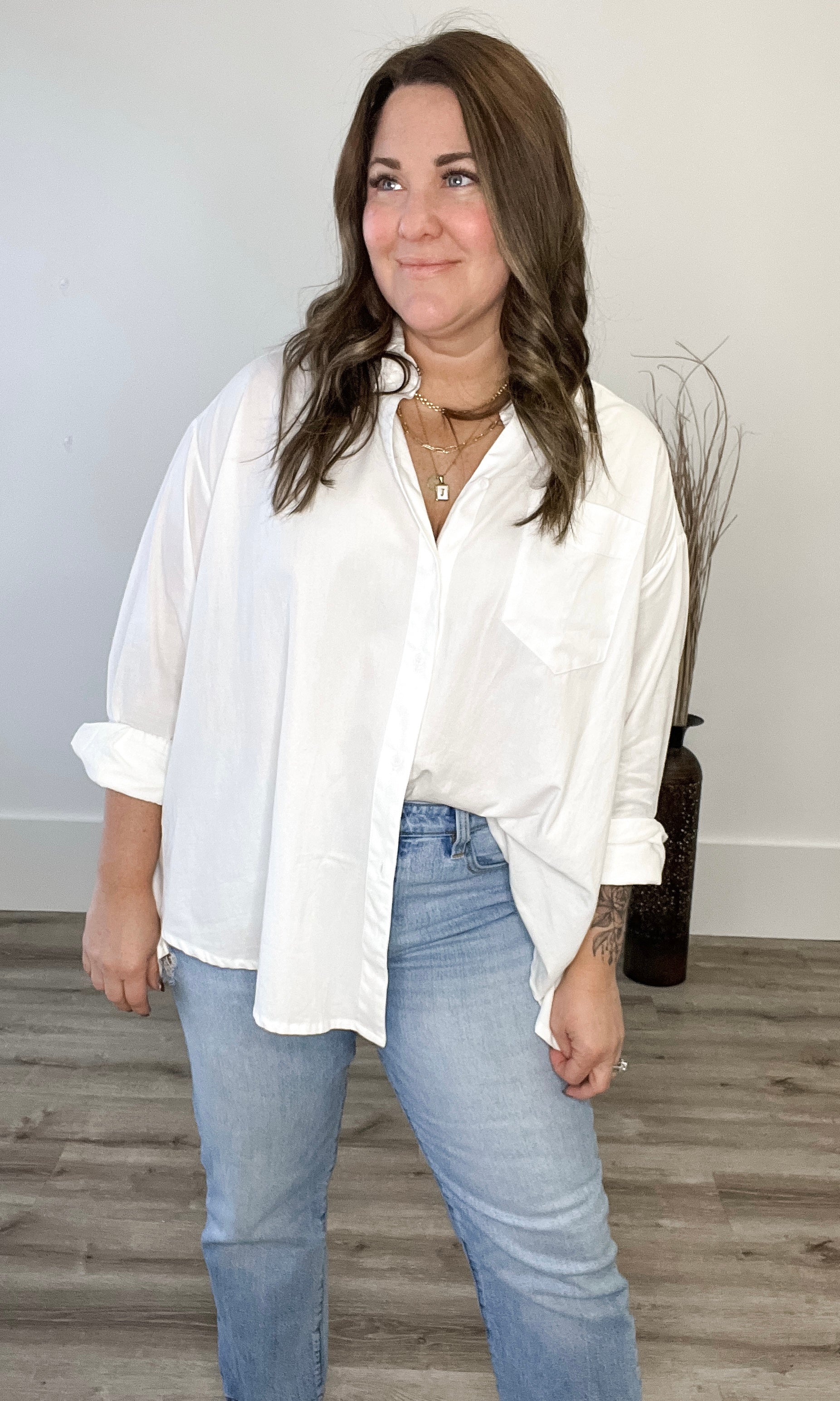 Cotton Button Down Blouse - White-blouse- Hometown Style HTS, women's in store and online boutique located in Ingersoll, Ontario