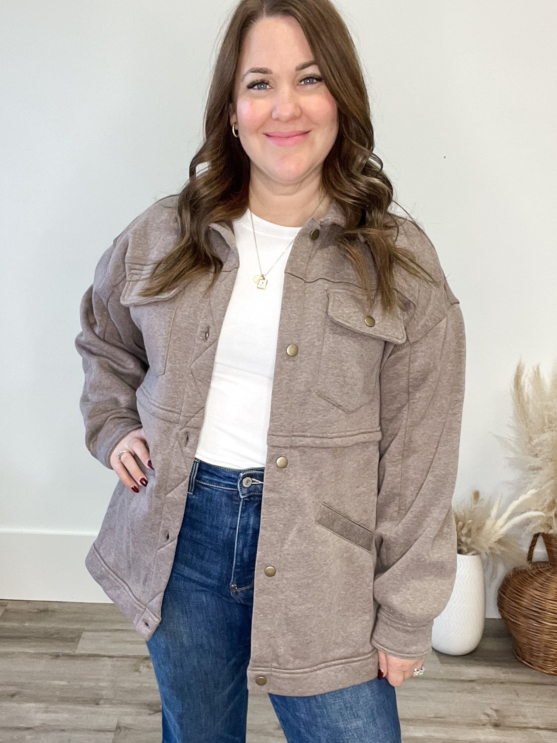 Fleece Terry Jacket - Mocha-Sweater- Hometown Style HTS, women's in store and online boutique located in Ingersoll, Ontario