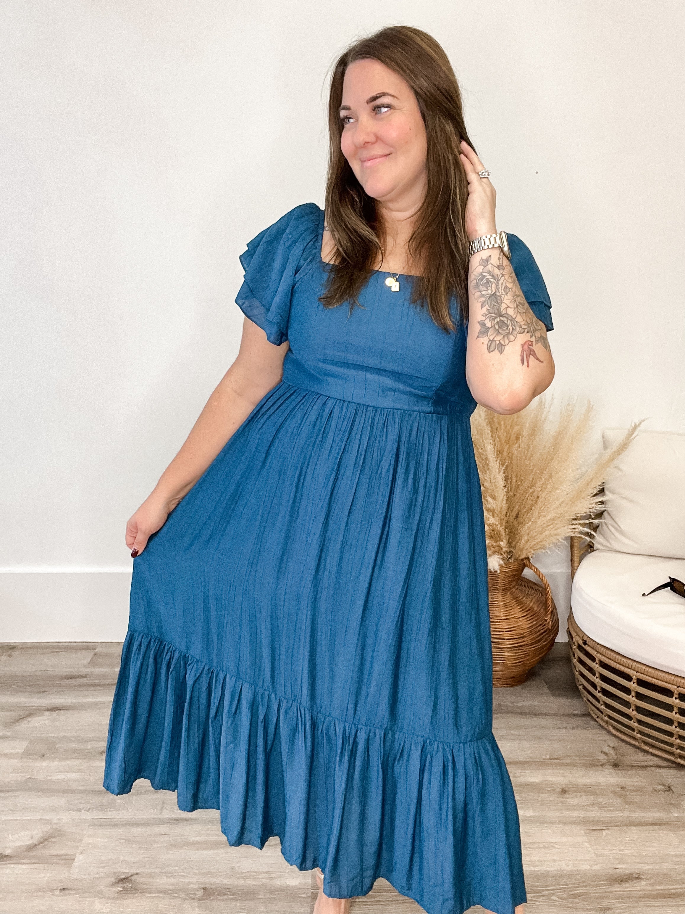 Ruffle Sleeve Maxi Dress - Blue-Dress- Hometown Style HTS, women's in store and online boutique located in Ingersoll, Ontario