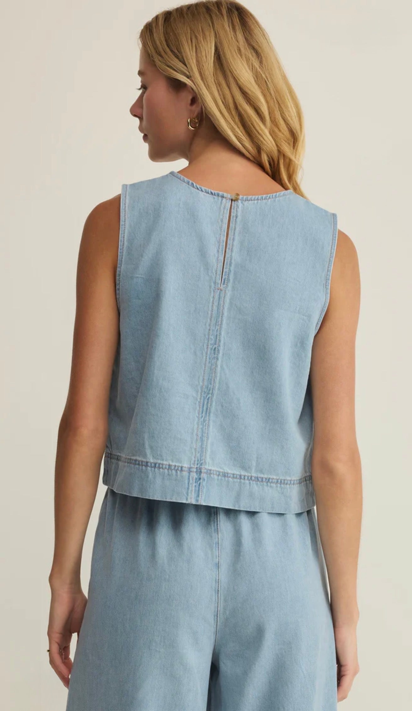SUN SEEKER DENIM TANK - Light Wash-Casual Tops- Hometown Style HTS, women's in store and online boutique located in Ingersoll, Ontario