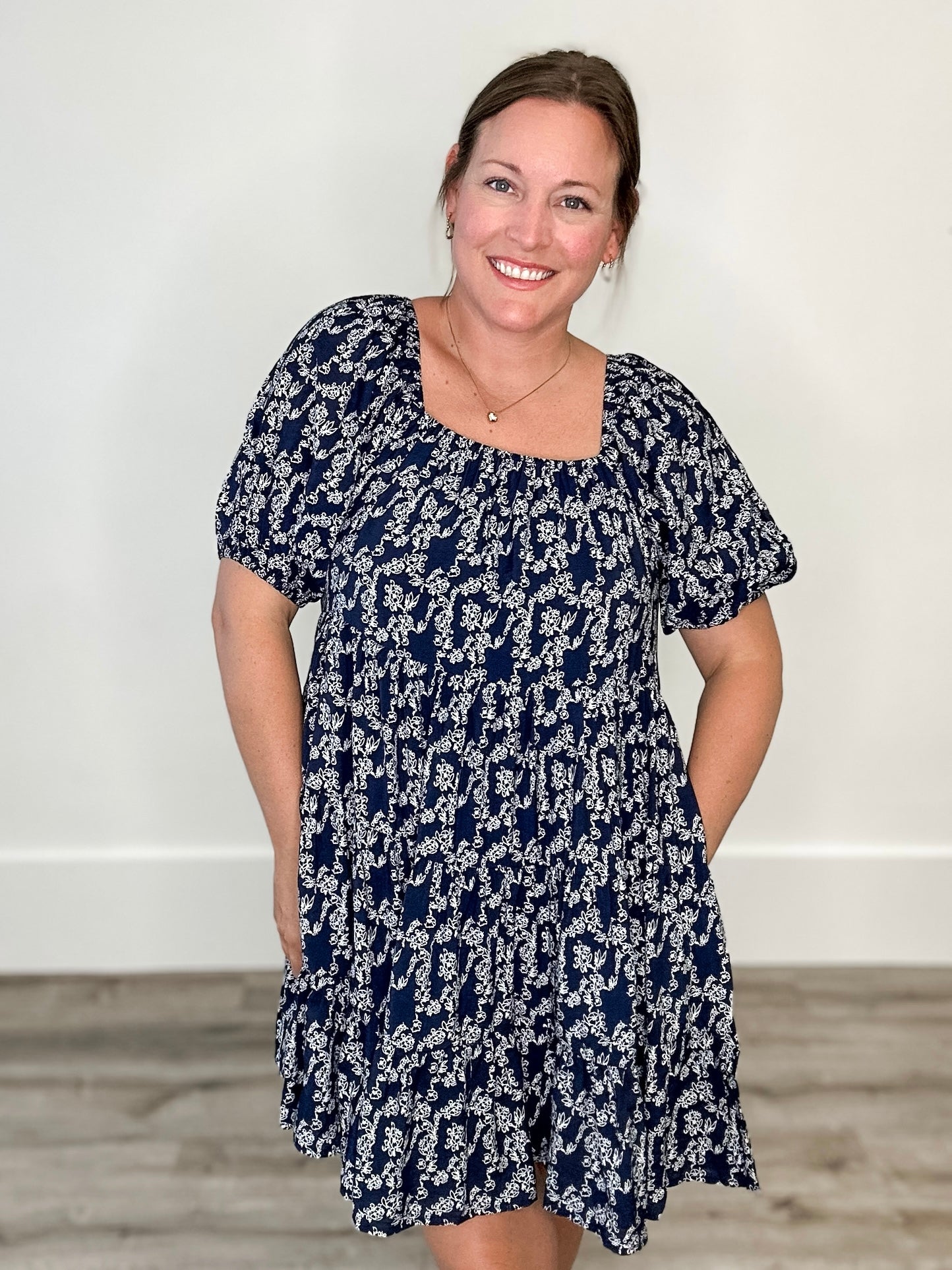 Floral Tiered Puff Sleeve Mini Dress - Navy-dress- Hometown Style HTS, women's in store and online boutique located in Ingersoll, Ontario