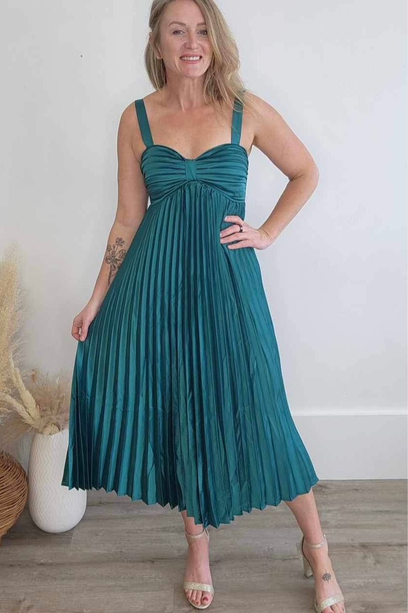 Satin Pleated Midi Dress - Teal Green-dress- Hometown Style HTS, women's in store and online boutique located in Ingersoll, Ontario