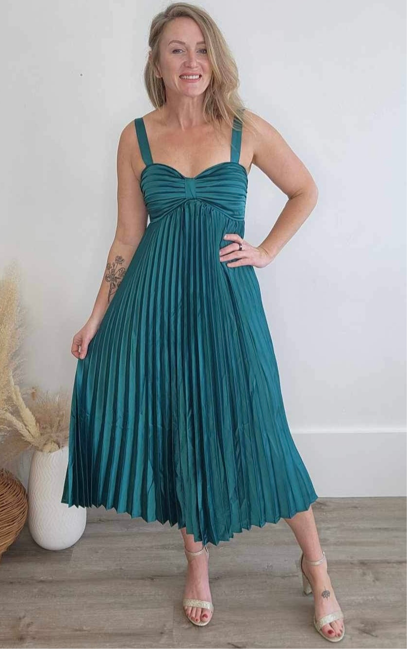 Satin Pleated Midi Dress - Teal Green-dress- Hometown Style HTS, women's in store and online boutique located in Ingersoll, Ontario