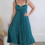 Satin Pleated Midi Dress - Teal Green-dress- Hometown Style HTS, women's in store and online boutique located in Ingersoll, Ontario