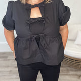 Bow Tie Up Blouse - Black-blouse- Hometown Style HTS, women's in store and online boutique located in Ingersoll, Ontario