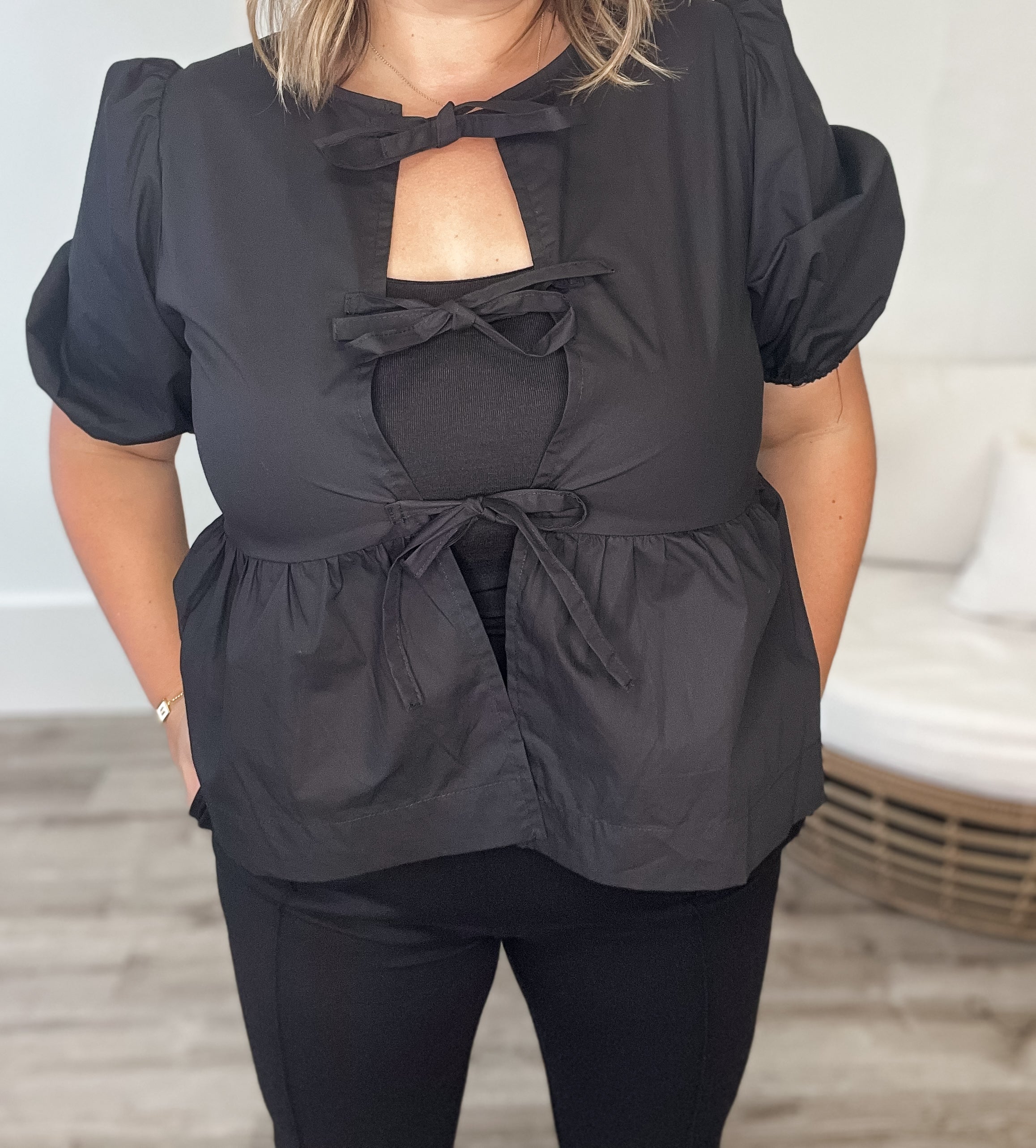 Bow Tie Up Blouse - Black-blouse- Hometown Style HTS, women's in store and online boutique located in Ingersoll, Ontario