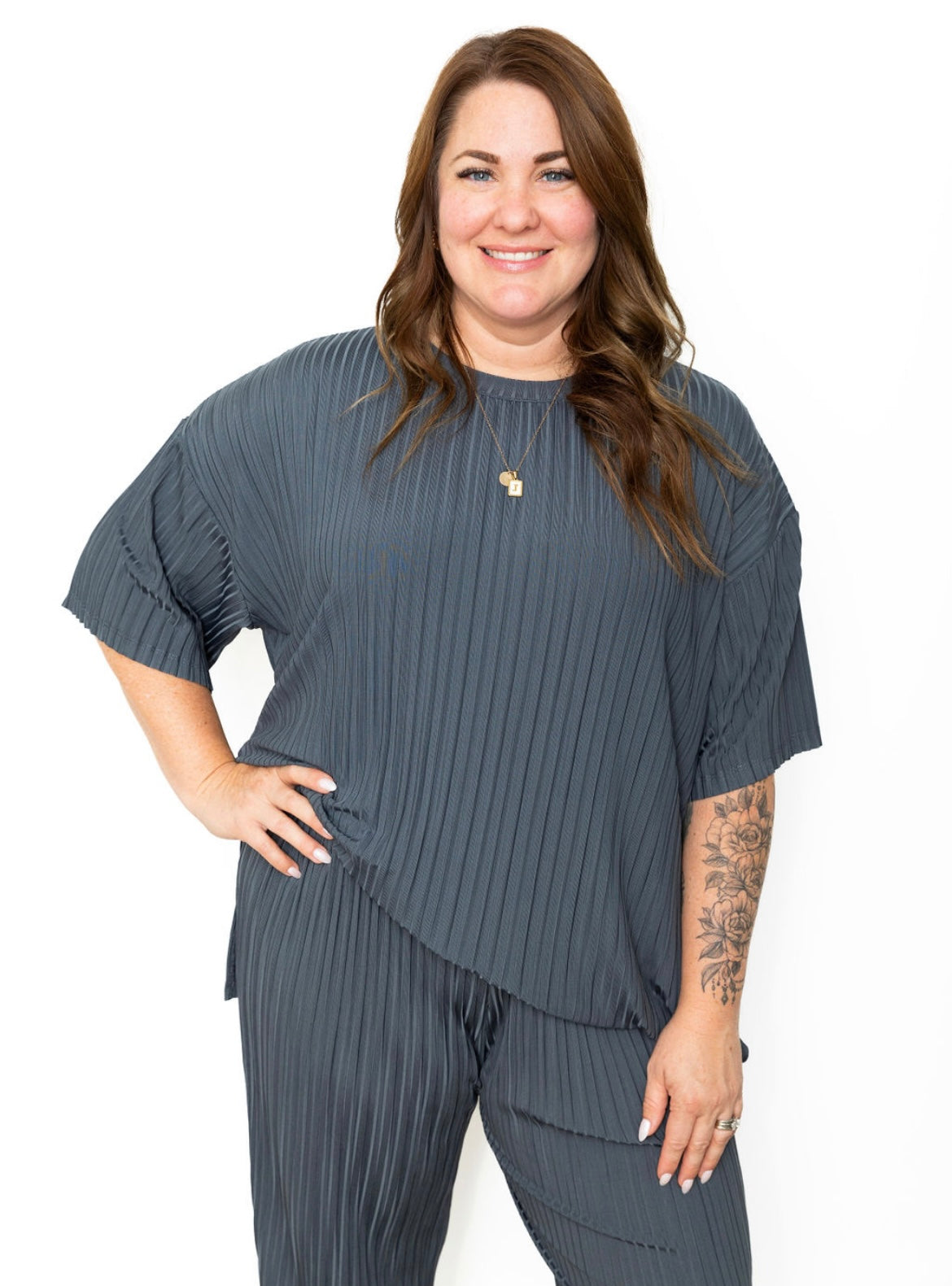 Pleated Tee & Pants - Charcoal-set- Hometown Style HTS, women's in store and online boutique located in Ingersoll, Ontario