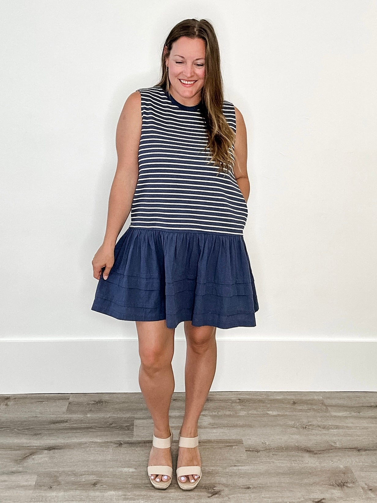 Mixed Media Striped Mini Dress - Blue & Cream-Dress- Hometown Style HTS, women's in store and online boutique located in Ingersoll, Ontario