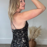 Sequin Halter Dress - Black-dress- Hometown Style HTS, women's in store and online boutique located in Ingersoll, Ontario