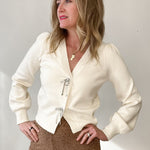 Cardigan with Embellished Bow - Cream-Sweater- Hometown Style HTS, women's in store and online boutique located in Ingersoll, Ontario