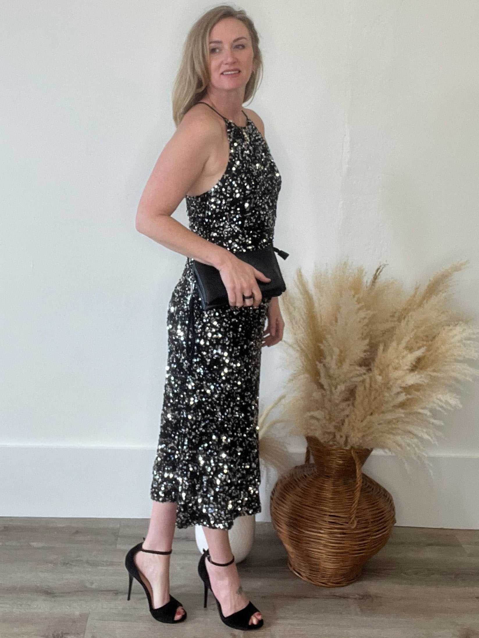 Sequin Halter Dress - Black-dress- Hometown Style HTS, women's in store and online boutique located in Ingersoll, Ontario