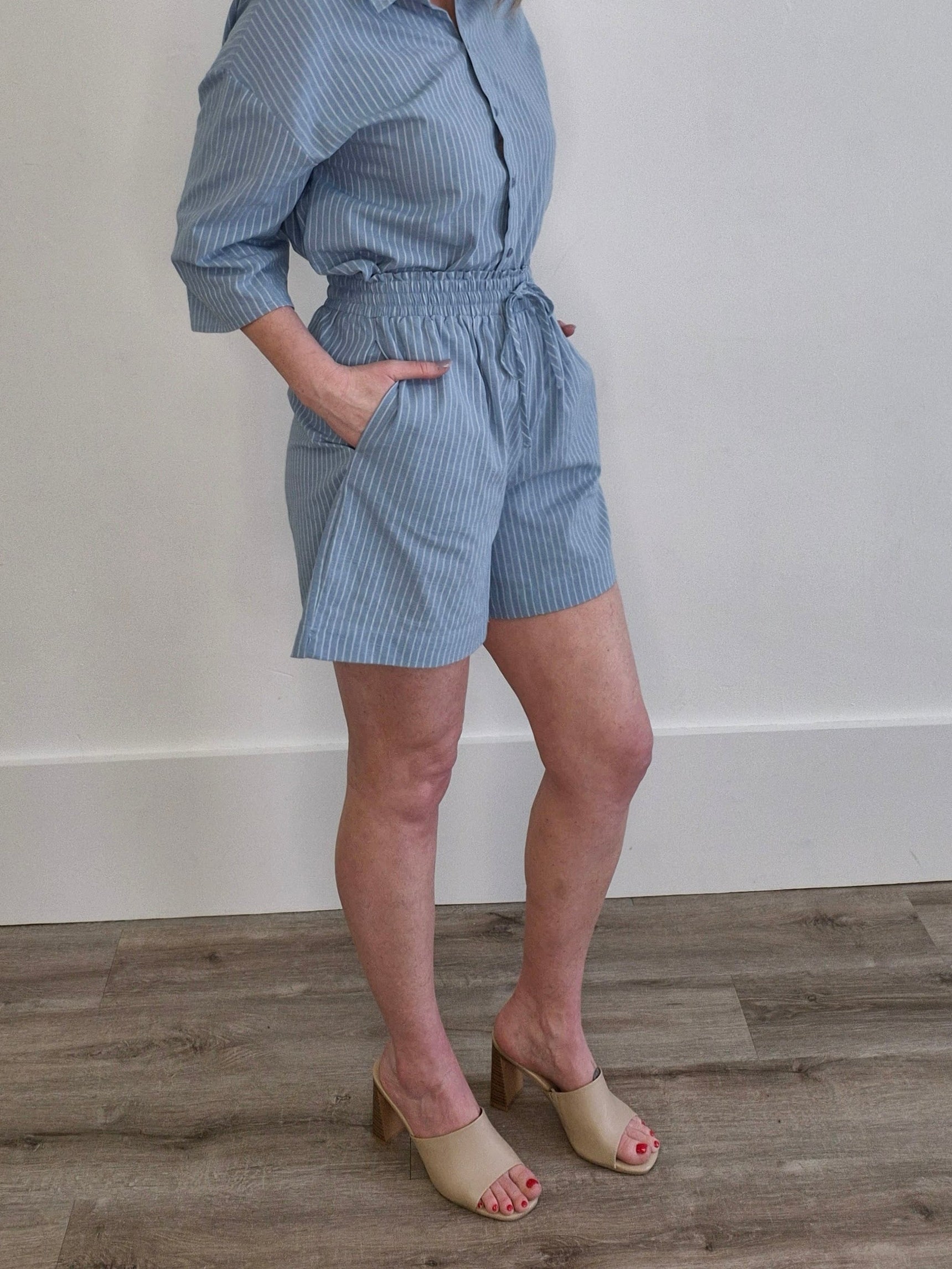 Striped Casual Shorts - Slate Blue-Bottoms- Hometown Style HTS, women's in store and online boutique located in Ingersoll, Ontario