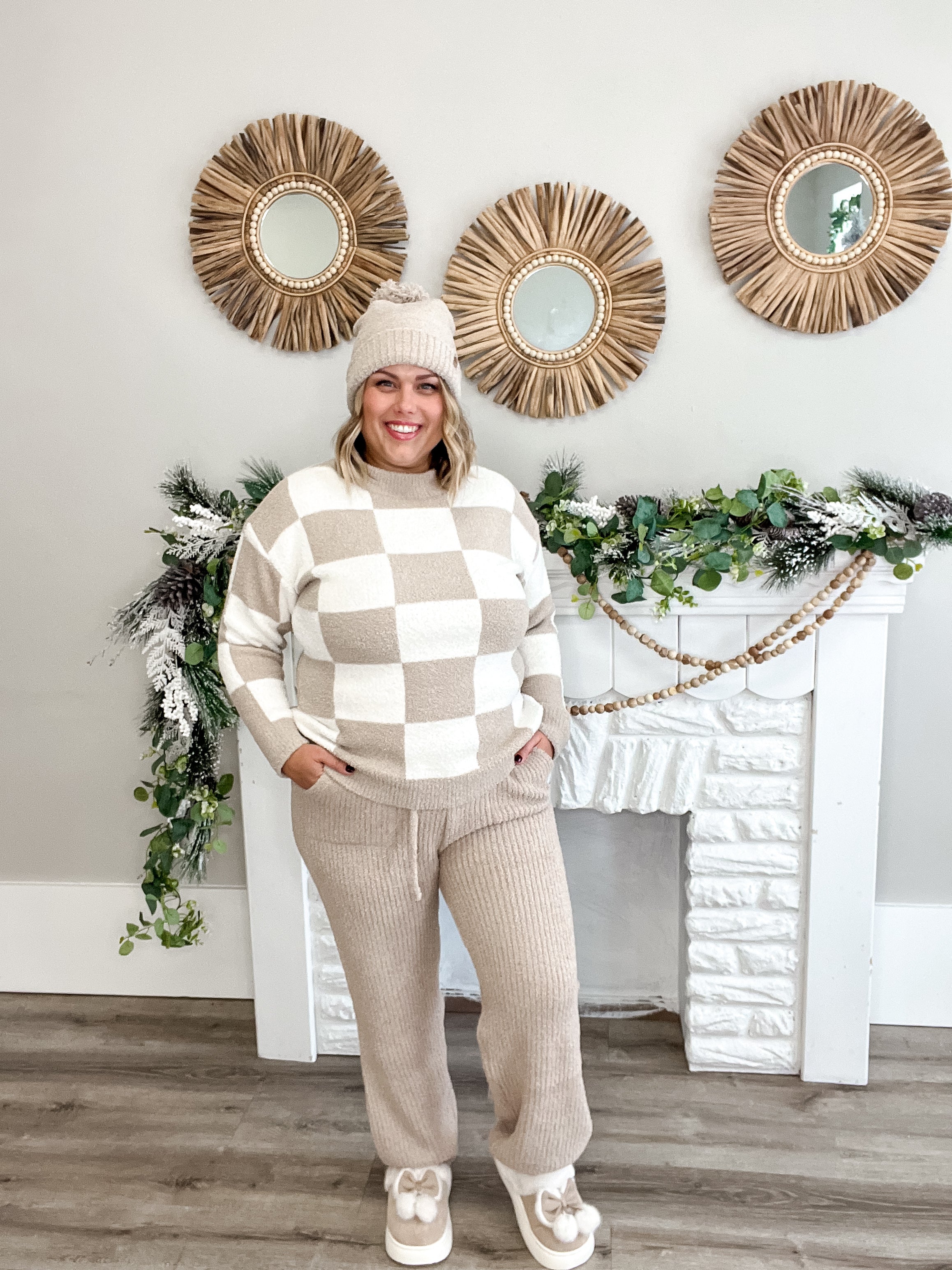 Checkered Crew Sweater - Beige-Sweater- Hometown Style HTS, women's in store and online boutique located in Ingersoll, Ontario