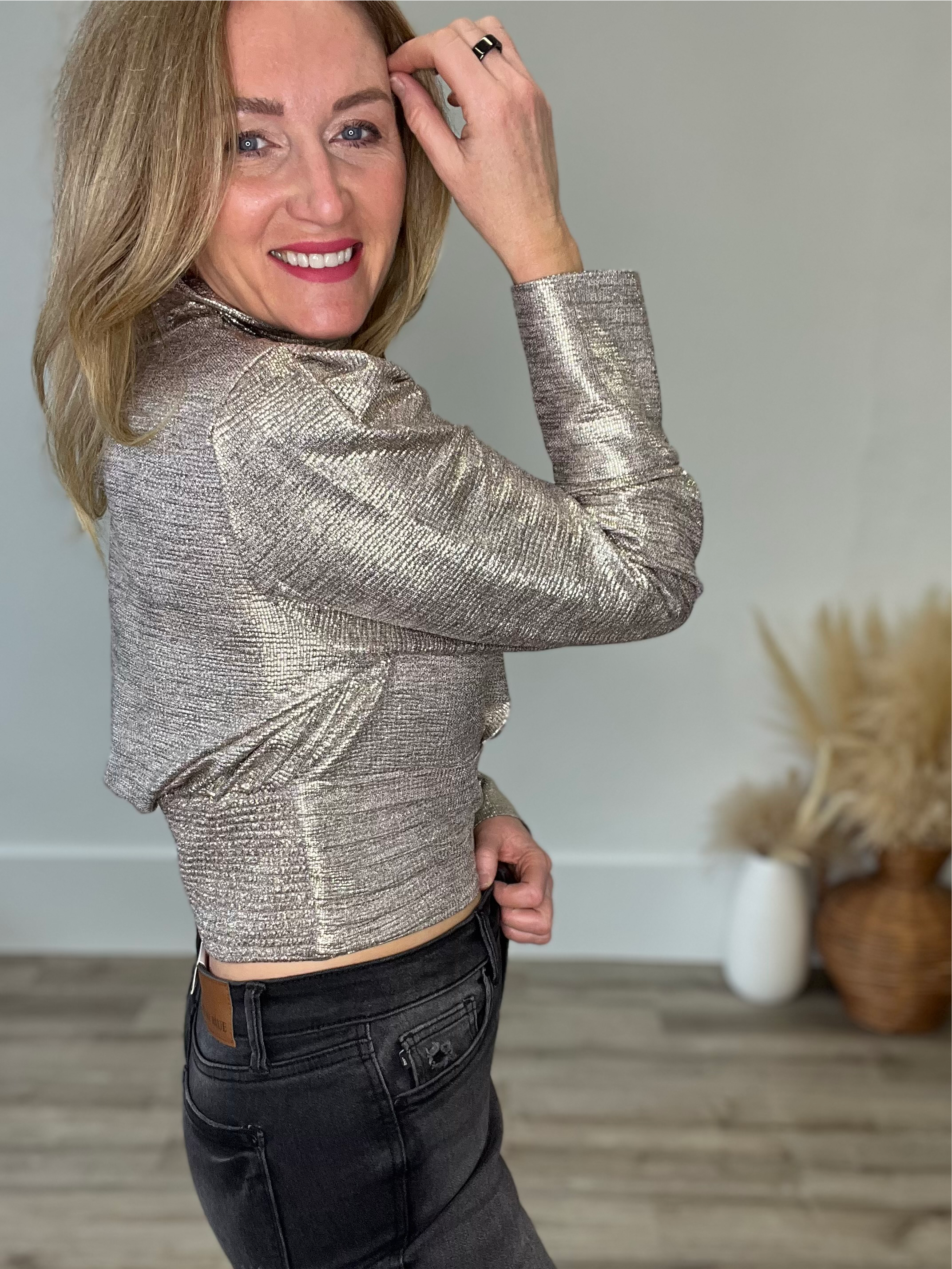 Gold Foil Mock Neck Top-blouse- Hometown Style HTS, women's in store and online boutique located in Ingersoll, Ontario