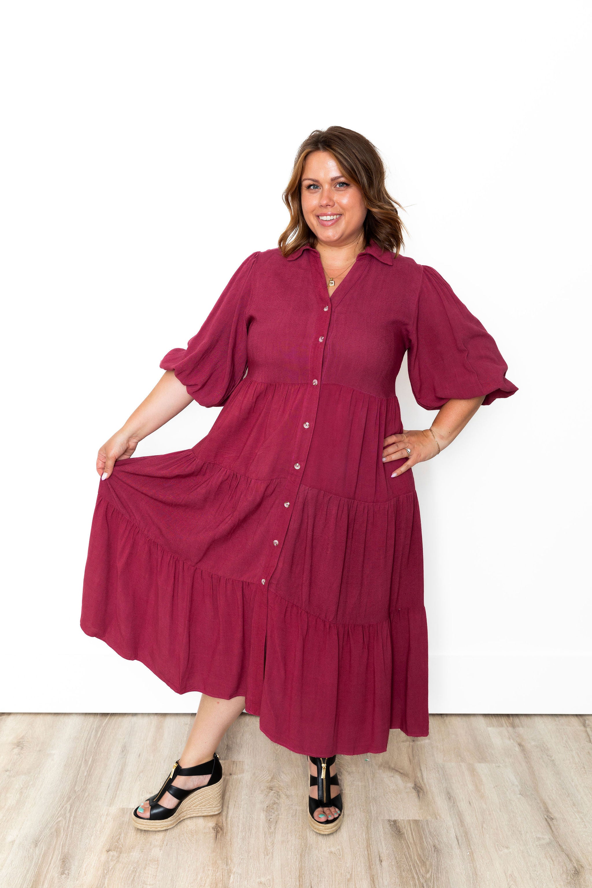 Button Down Tiered Midi Dress - Berry-dress- Hometown Style HTS, women's in store and online boutique located in Ingersoll, Ontario