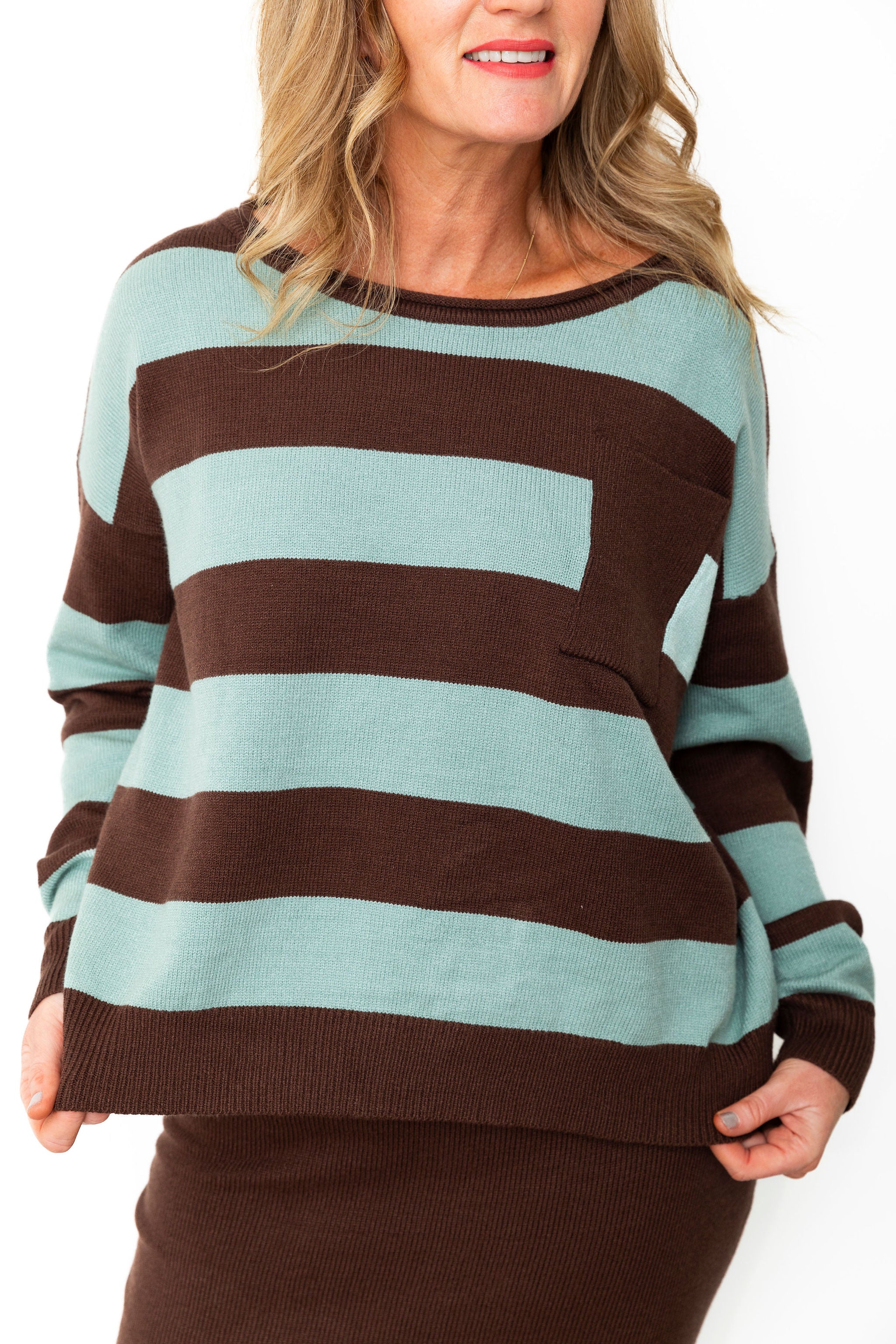 Striped Sweater & Knit Pencil Skirt - Mocha-set- Hometown Style HTS, women's in store and online boutique located in Ingersoll, Ontario