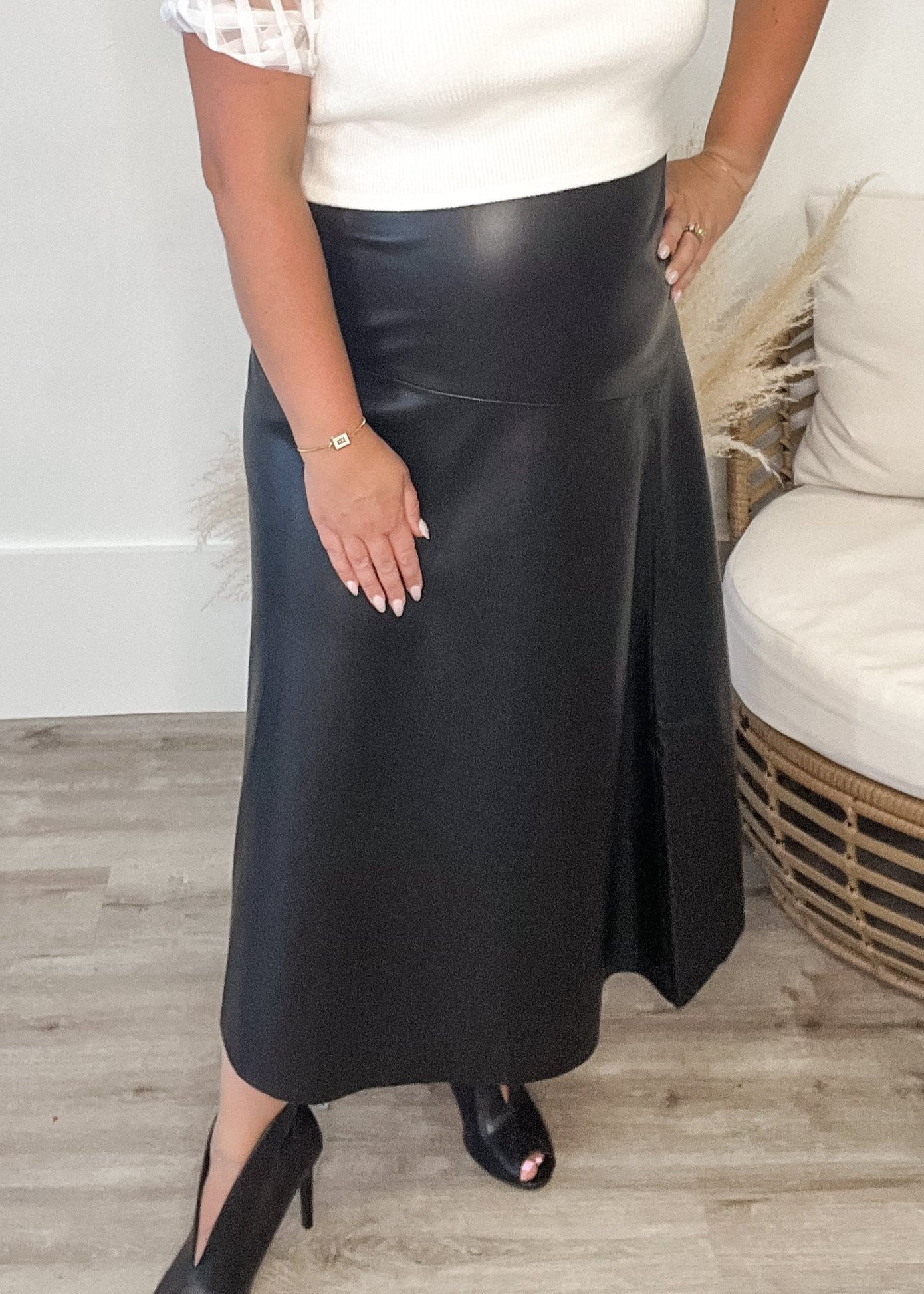 Faux Leather Midi Skirt - Black-skirt- Hometown Style HTS, women's in store and online boutique located in Ingersoll, Ontario