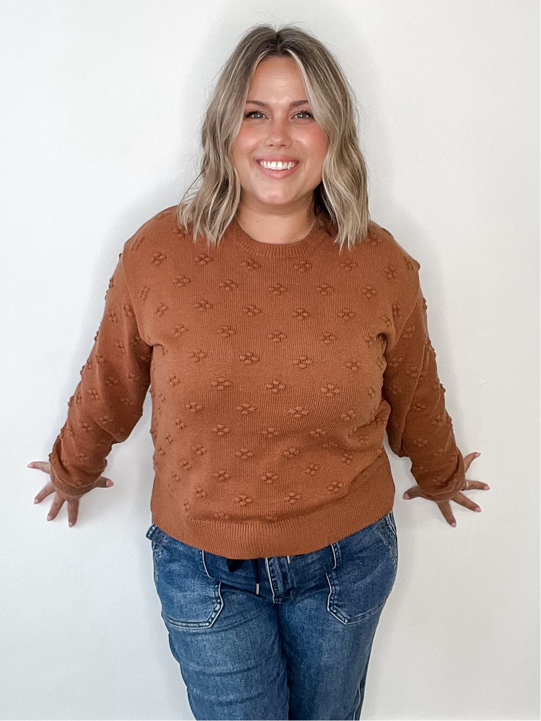Pom Pom Knit Sweater - Brick-Sweaters and Cardigans- Hometown Style HTS, women's in store and online boutique located in Ingersoll, Ontario