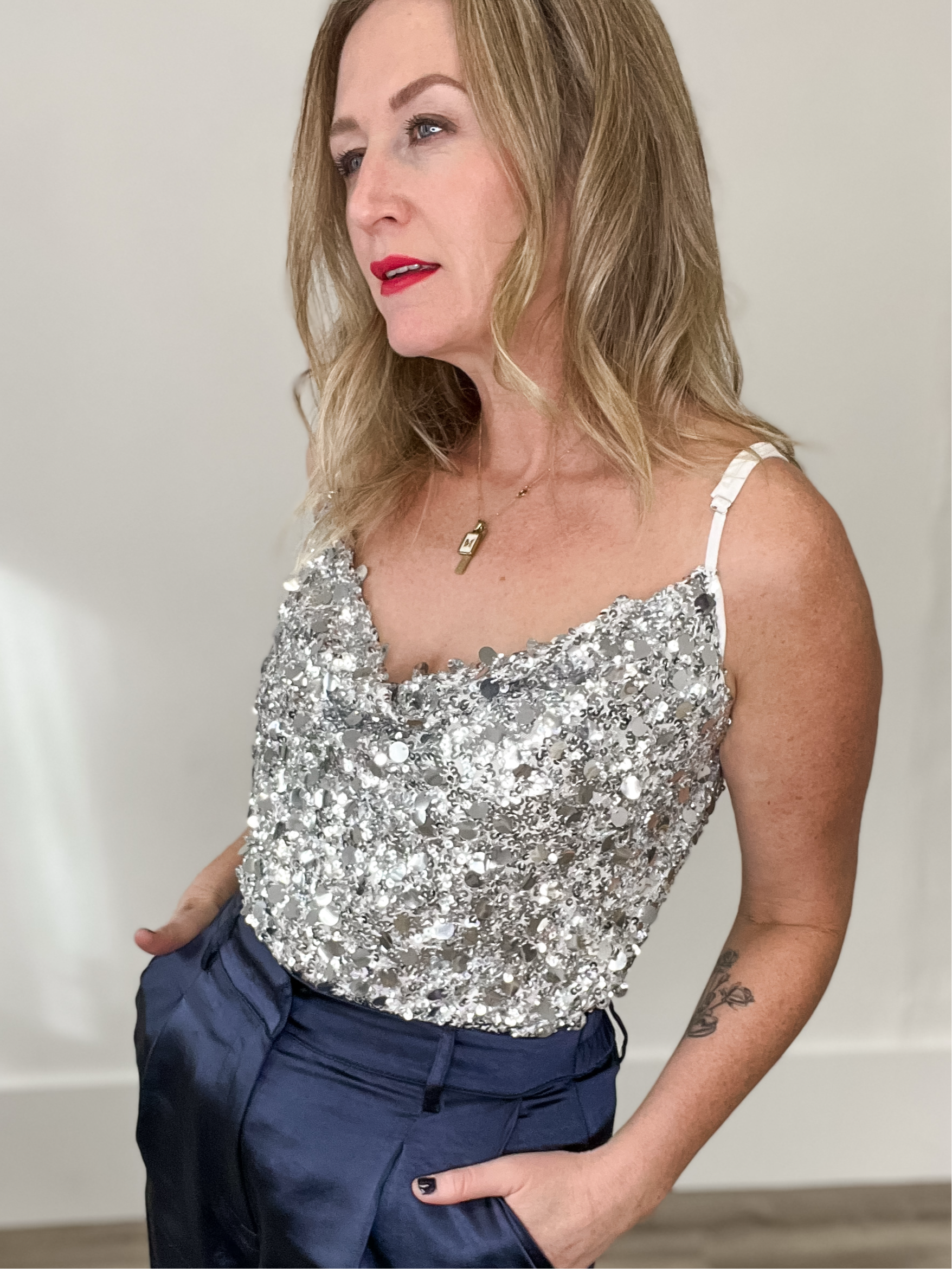 Sequin Cowl Cami Top - Silver-Tops- Hometown Style HTS, women's in store and online boutique located in Ingersoll, Ontario