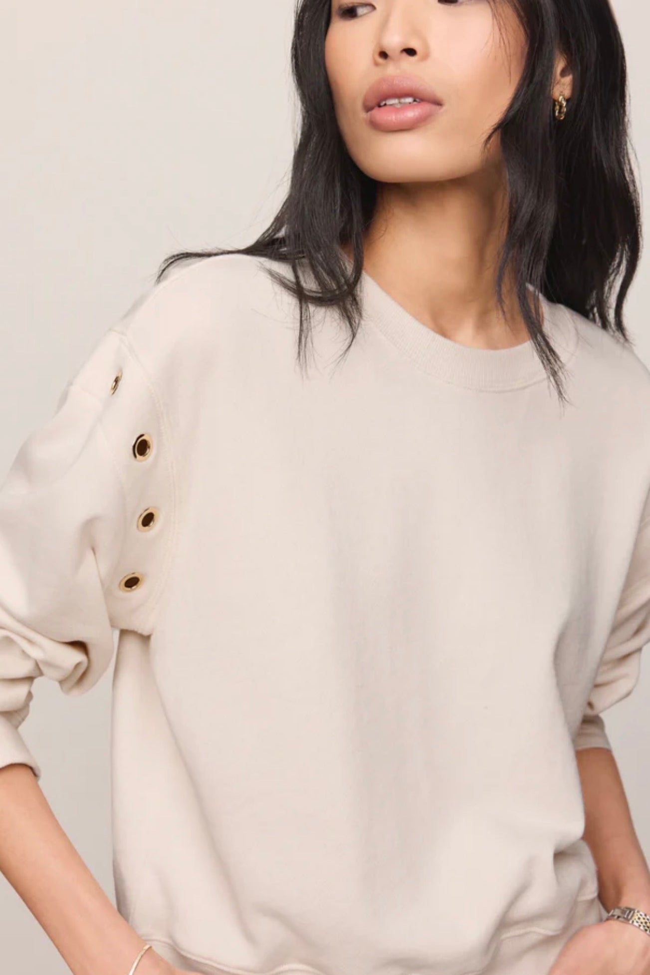 AXEL GROMMET SWEATSHIRT - Sandstone-Casual Tops- Hometown Style HTS, women's in store and online boutique located in Ingersoll, Ontario